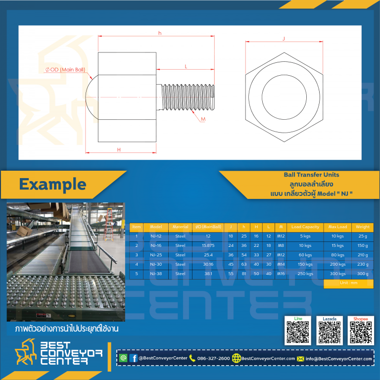 Ball Transfer Units 6 เหลี่ยม 38 mm. NJ-38