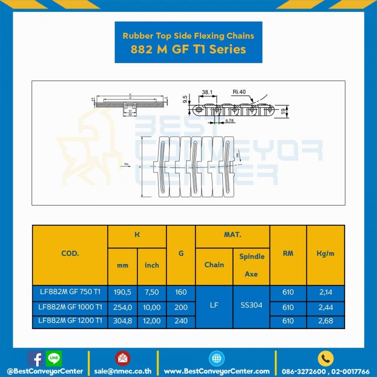 โซ่พลาสติกทางโค้ง Table Top Chain (Rubber Top) LF882MGF T1 ; 10 นิ้ว : LF882MGF 1000T4