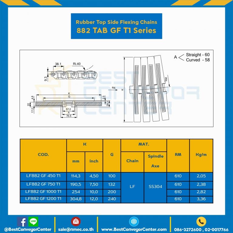 โซ่พลาสติกทางโค้ง Table Top Chain (Rubber Top) LF882GF TAB T1 ; 10 นิ้ว : LF882GF 1000TABT3