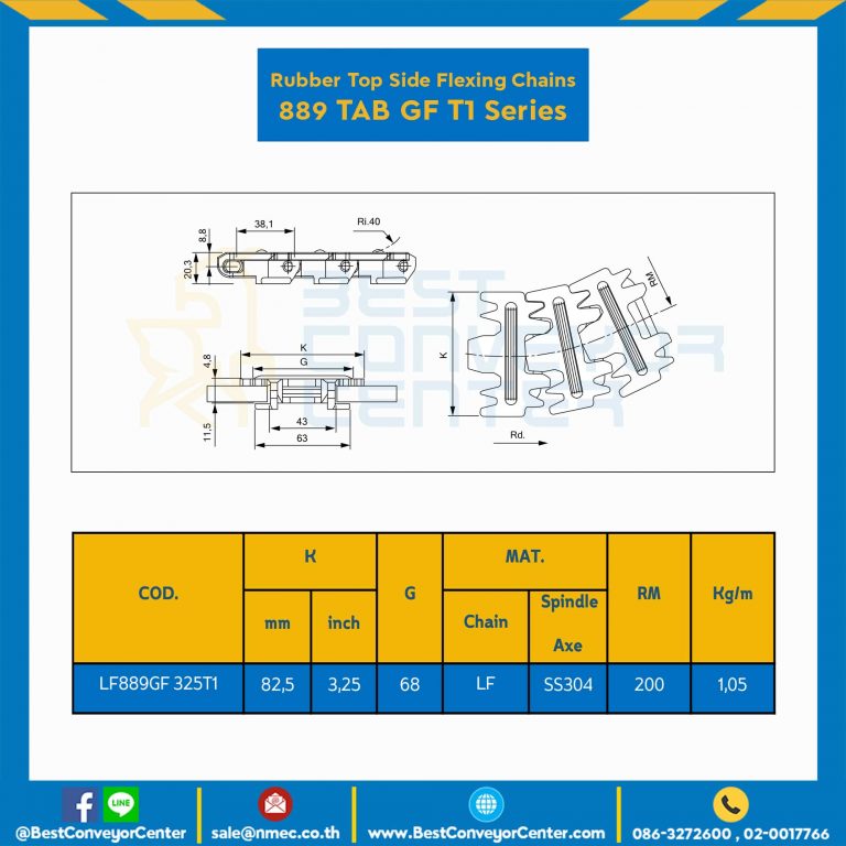 โซ่พลาสติกทางโค้ง Table Top Chain (Rubber Top) LF889GF TAB T2 ; 3.25 นิ้ว : LF889GF 325TABT2