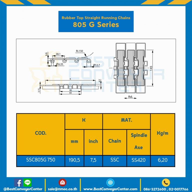 โซ่พลาสติกทางตรง Table Top Chain (Rubber Top) SSC805G ; 7.5 นิ้ว : SSC805G 750