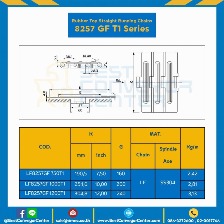 โซ่พลาสติกทางตรง Table Top Chain (Rubber Top) LF8257GF T1 ; 10 นิ้ว : LF8257GF 1000T6