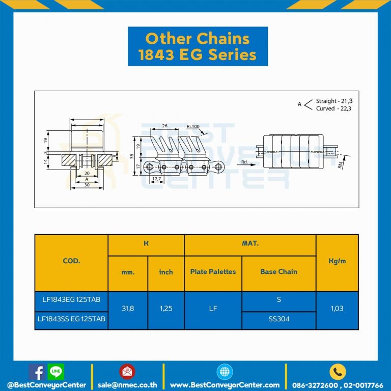 โซ่พลาสติกทางโค้ง Table Top Chain LF1873EGTAB ; 3.25 นิ้ว : LF1873EG 325TAB