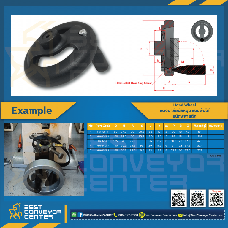 HW-160PF : พวงมาลัยมือหมุนพลาสติก ด้ามจับพับได้ 160 mm.