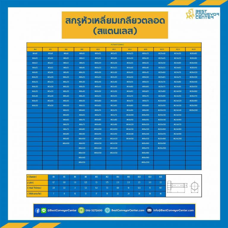 สกรูหัวเหลี่ยม M24x100 mm. เกลียวตลอด สแตนเลส : M24L100SS