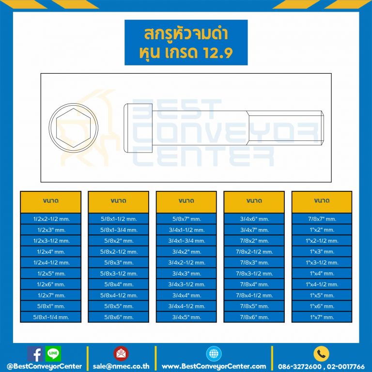 สกรูหัวจมดำ เกรด 12.9 ขนาด 1/2×1-1/2 mm. เกลียว 12 BSW : HS-M1/2L1-1/2×12.9B-BSW