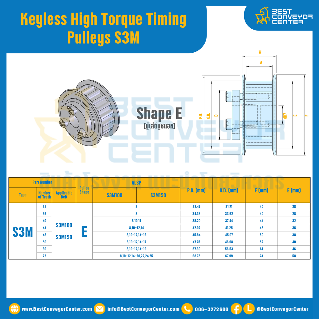 มู่เล่ย์ไทม์มิ่งแรงบิดสูงแบบไม่มีลิ่ม Pulleys Timing Keyless High Torque S3M TEAL