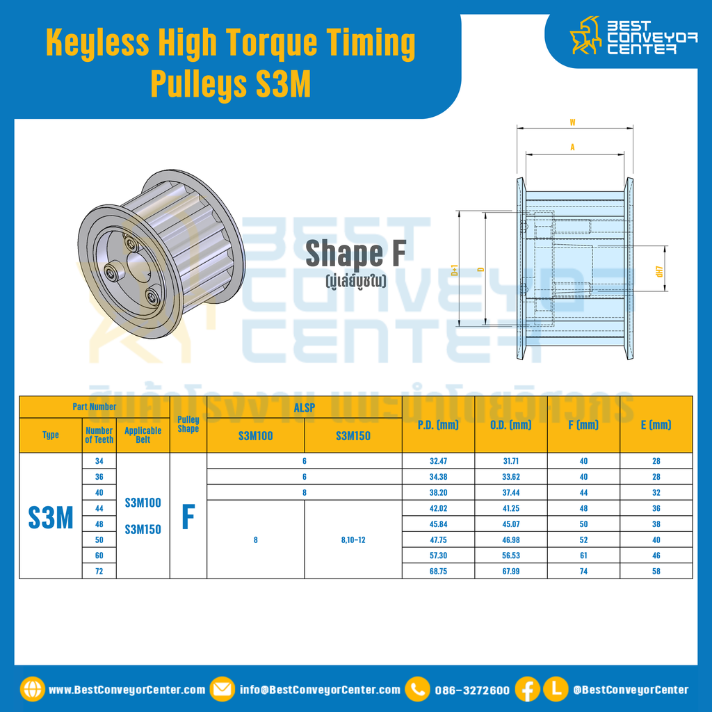 มู่เล่ย์ไทม์มิ่งแรงบิดสูงแบบไม่มีลิ่ม Pulleys Timing Keyless High Torque S3M TFAL