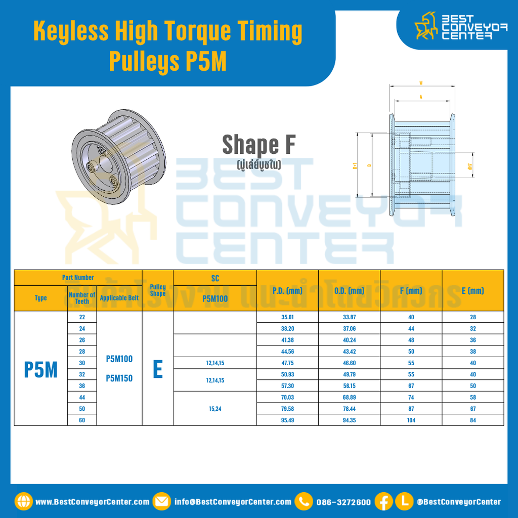 มู่เล่ย์ไทม์มิ่งแรงบิดสูงแบบไม่มีลิ่ม Pulleys Timing Keyless High Torque P5M TFS