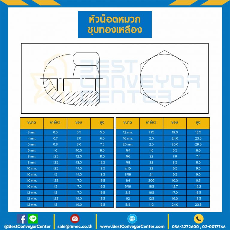 CN-5/16-BR : หัวน็อตหมวกชุบทองเหลือง ขนาด 5/16″x18G ขอบ 12.7 สูง 12.2 mm.