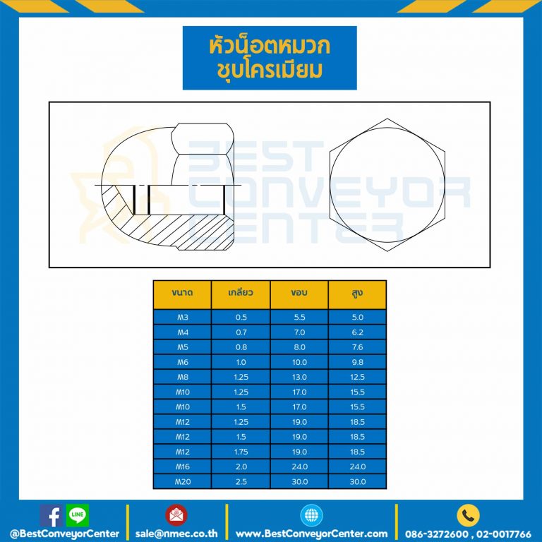 หัวน็อตหมวกชุบโครเมียม ขนาด M10x1.25 ขอบ 17 สูง 15.5 mm. : CN-M10-1.25-CR