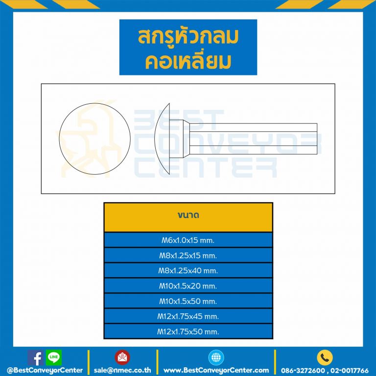 HSRS-M10L50 : สกรูหัวกลมคอเหลี่ยม ขนาด M10x1.5×50 mm.
