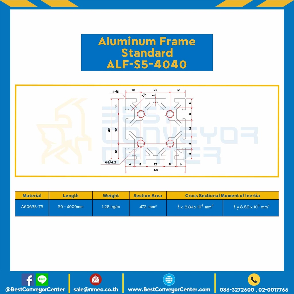 Aluminum Frame 5 Series Slot width 6 40×40 mm. L860 mm. Clear Anodize (Flat) : ALF-SF5-4040-860