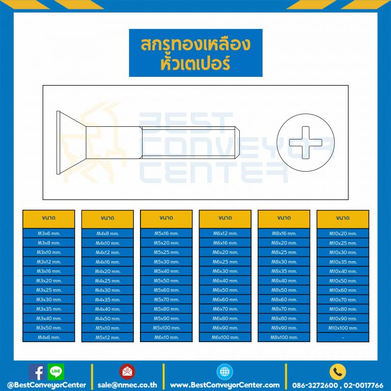 BHTP-M10L20 : สกรูทองเหลืองหัวเตเปอร์ ขนาด M10x20 mm.