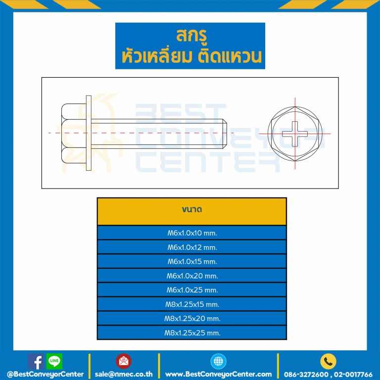 สกรูหัวเหลี่ยมติดแหวน HW+ ขนาด M6x1.0x10 mm. : HSW-M6L14