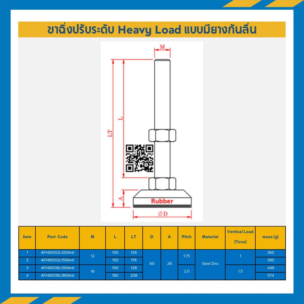 AFH60S16L100Anti - ขาฉิ่งปรับระดับ Heavy Load พร้อมยางกันลื่น M16x100 mm.