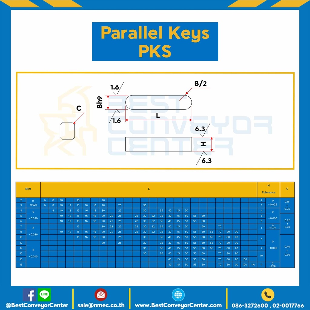Parallel Key แบบกลม ที่ปลายทั้งสองด้าน ขนาด 8×90 mm. เหล็ก : Parallel Key PKS 8×90-S