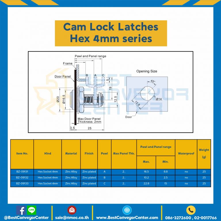 BZ-09131 Cam Lock Latches Hex 4mm. Zinc Alloy Pawl A