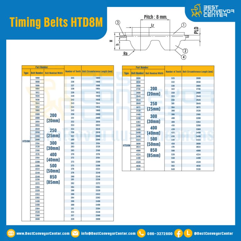 ไทม์มิ่ง เบลล์ Timing Belt HTD8M หน้ากว้าง 50 mm 203 ฟัน ยาว 1624 mm. : Timing Belt HTD8M-50-203T-1706