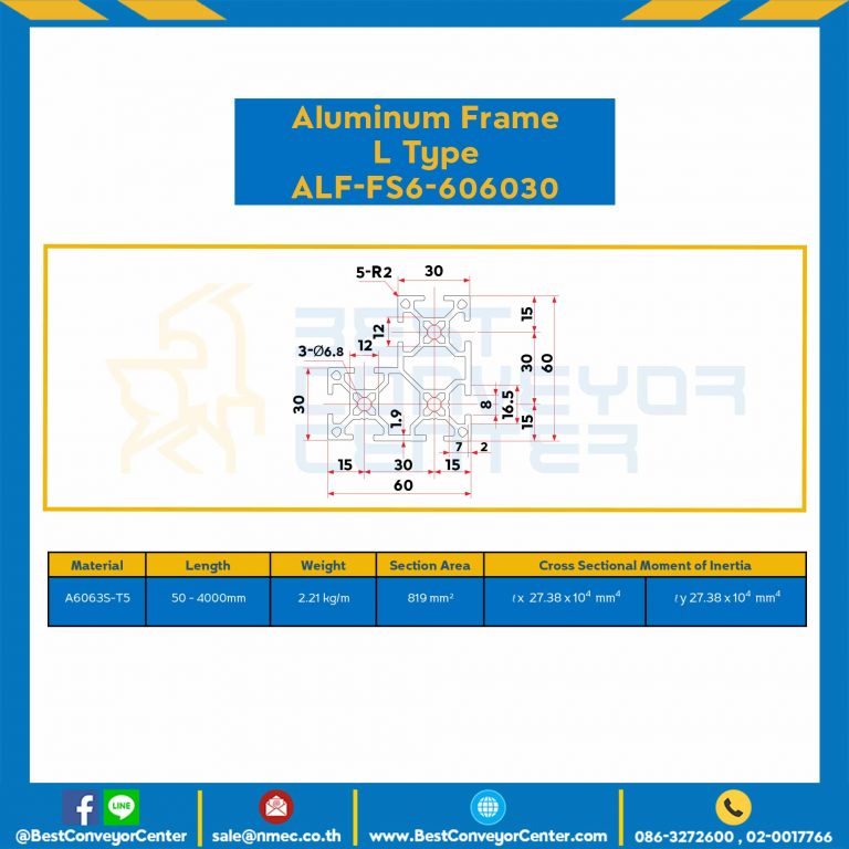 Aluminum Frame 6 Series Slot width 8 60x60x30 mm. L100 mm. Clear Anodize (L Type) : ALF-FS6-606030-107