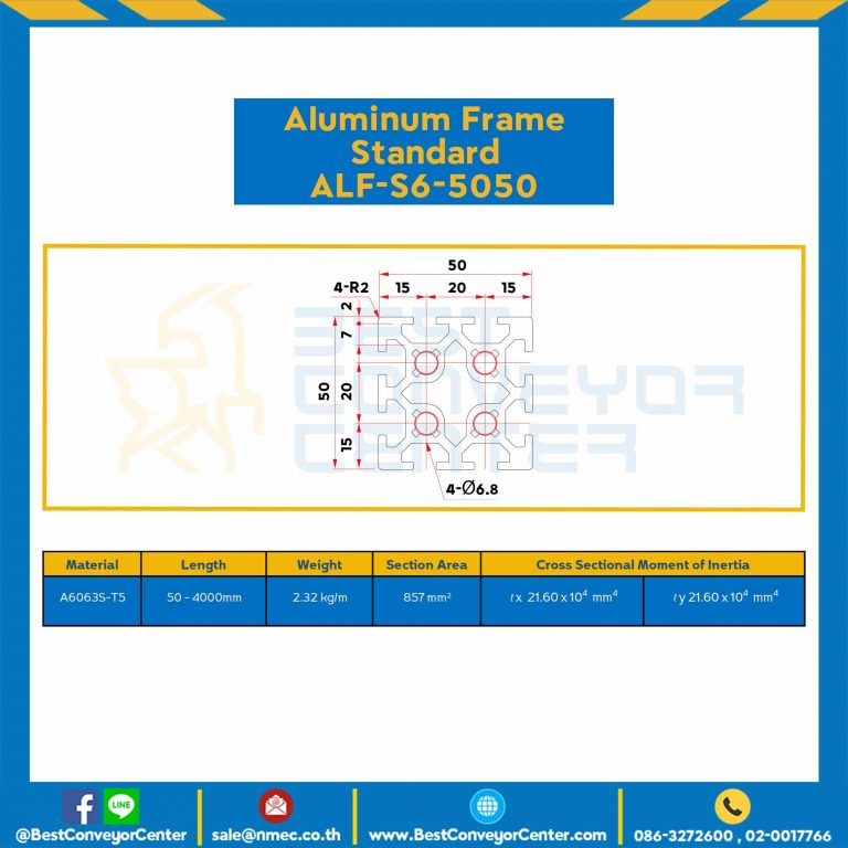 Aluminum Frame 6 Series Slot width 8 50×50 mm. L100 mm. Clear Anodize : ALF-S6-5050-102