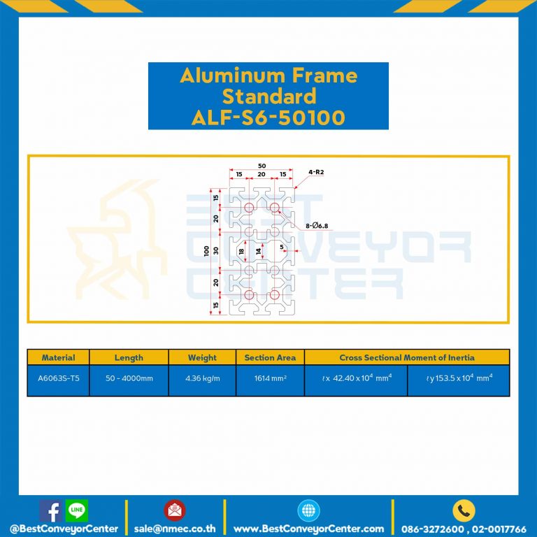 Aluminum Frame 6 Series Slot width 8 50×100 mm. L100 mm. Clear Anodize : ALF-S6-50100-114