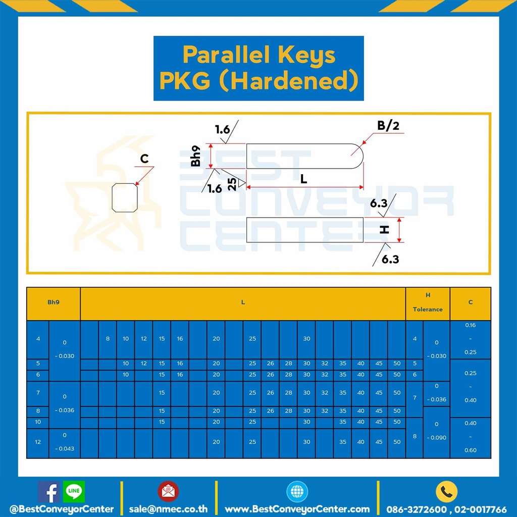 Parallel Key PKG 5×30-SH Parallel Key แบบกลม ที่ปลายด้านหนึ่ง ขนาด 5×30 mm. เหล็กชุบแข็ง