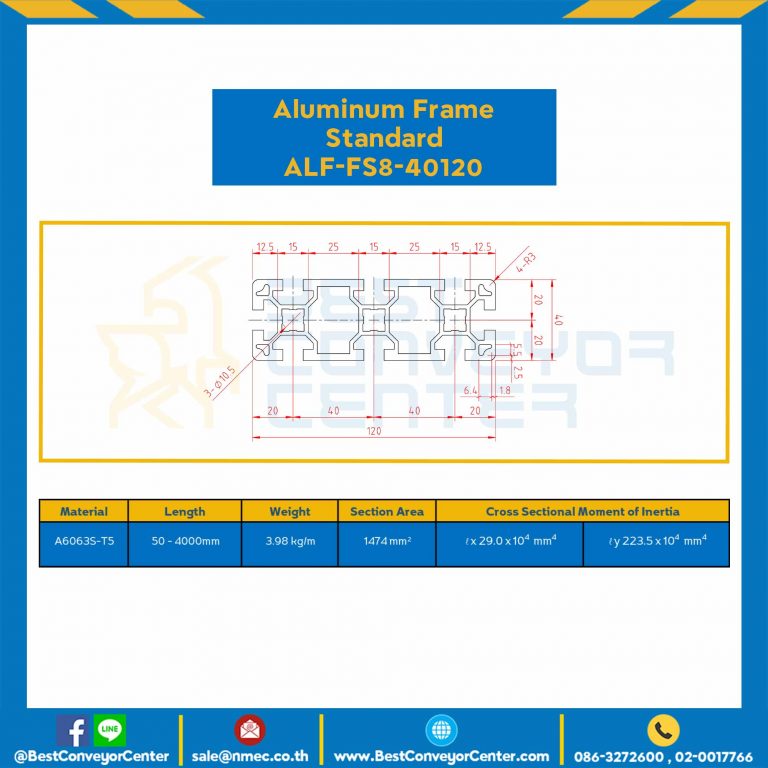 Aluminum Frame 8 Series Slot width 10 40×120 mm. L100 mm. Clear Anodize : ALF-FS8-40120-134