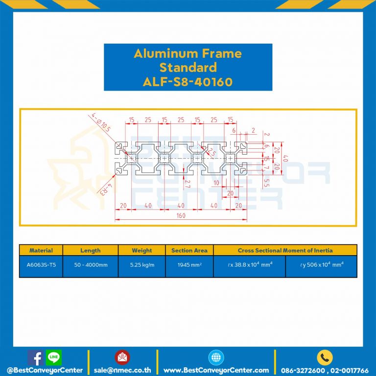 Aluminum Frame 8 Series Slot width 10 40×160 mm. L100 mm. Clear Anodize : ALF-S8-40160-146