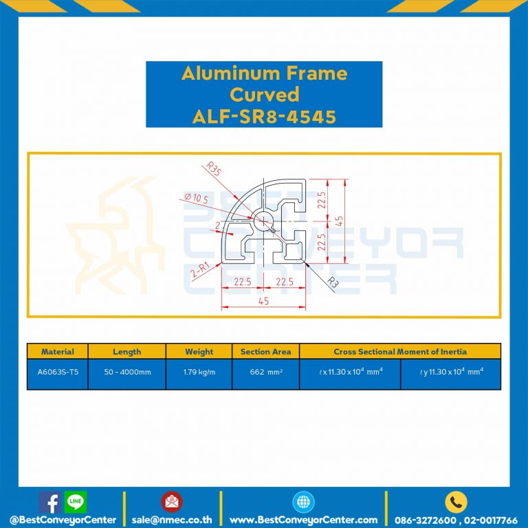 Aluminum Frame 8-45 Series Slot width 10 45×45 mm. L100 mm. Clear Anodize (Curved) : ALF-SR8-4545-150