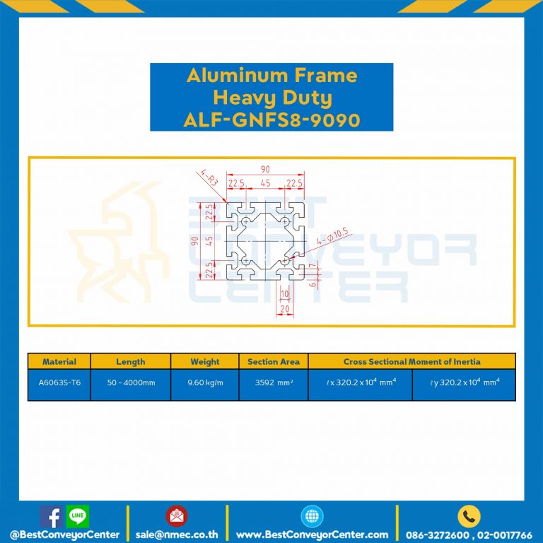 Aluminum Frame 8-45 Series Slot width 10 90×90 mm. L100 mm. Clear Anodize (Heavy Duty) : ALF-GNFS8-9090-156