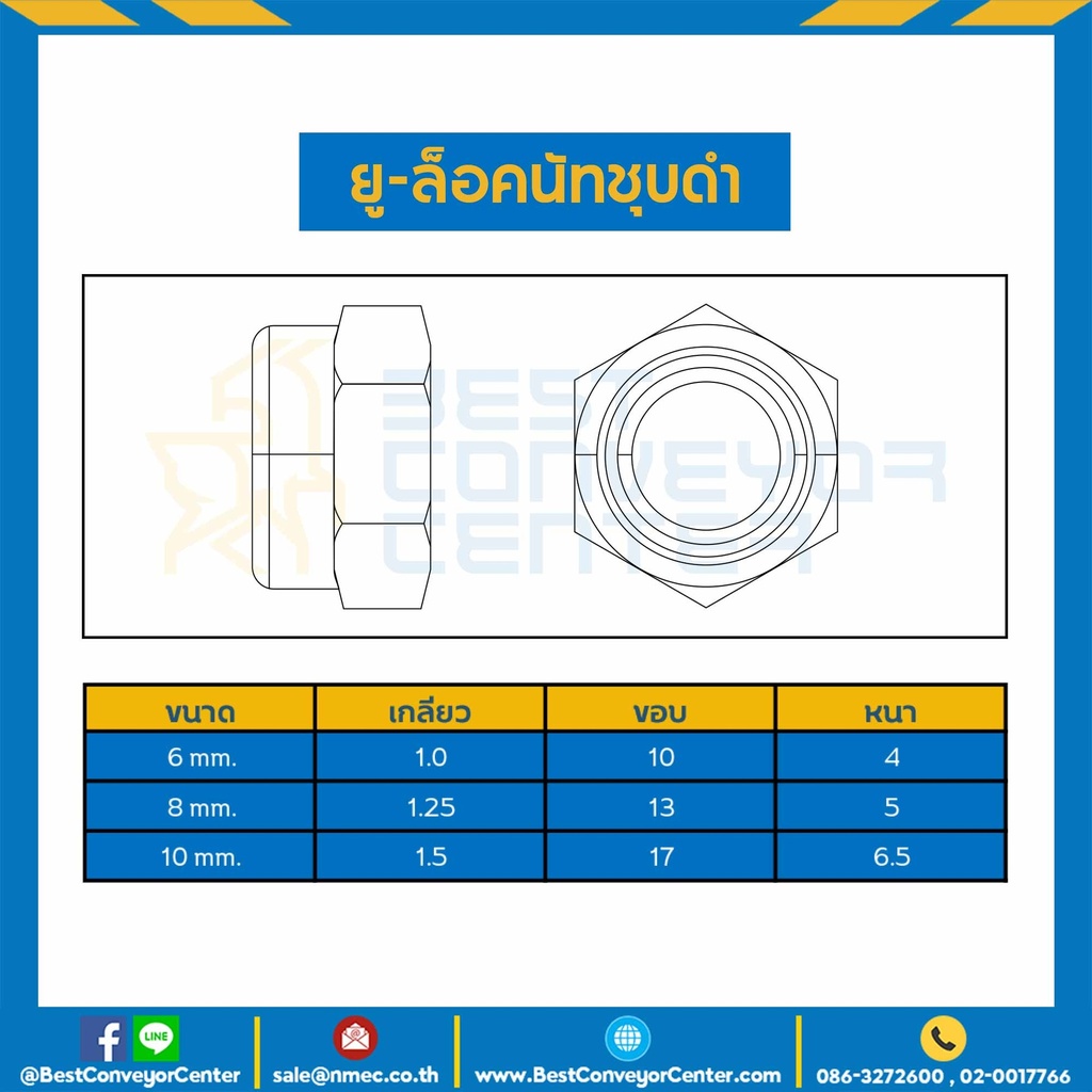 UNL-M10-BK : ยู-ล็อคนัทชุบดำ ขนาด M10x 1.5 ขอบ 17 หนา 6.5 mm.