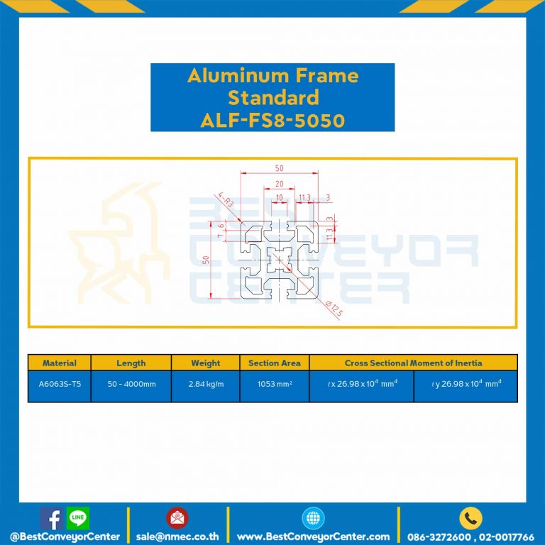 Aluminum Frame 8-45 Series Slot width 10 50×50 mm. L100 mm. Clear Anodize : ALF-FS8-5050-151