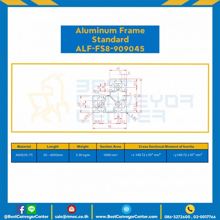 Aluminum Frame 8-45 Series Slot width 10 90x90x45 mm. L100 mm. Clear Anodize : ALF-FS8-909045-147