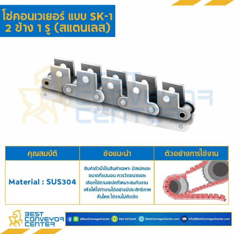 โซ่สแตนเลส ลูกกลิ้งใหญ่ ติดปีกตั้ง 2 ข้าง เจาะรู 1 รู C2082HRSS-2L-SK1