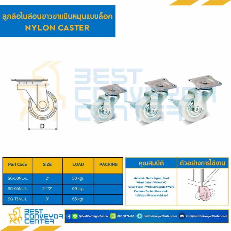 ลูกล้อไนล่อนขาวขาแป้นหมุนแบบล็อค 2-1/2″ : SG-65NL-L