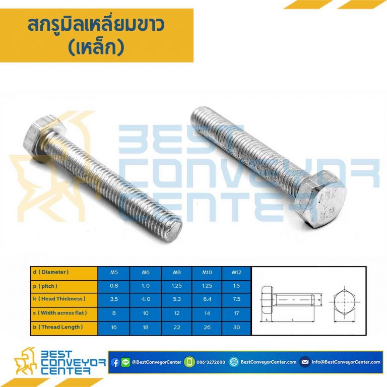 สกรูหัวเหลี่ยม M5x20 mm. เกลียวตลอดชุปขาว : M5L20S