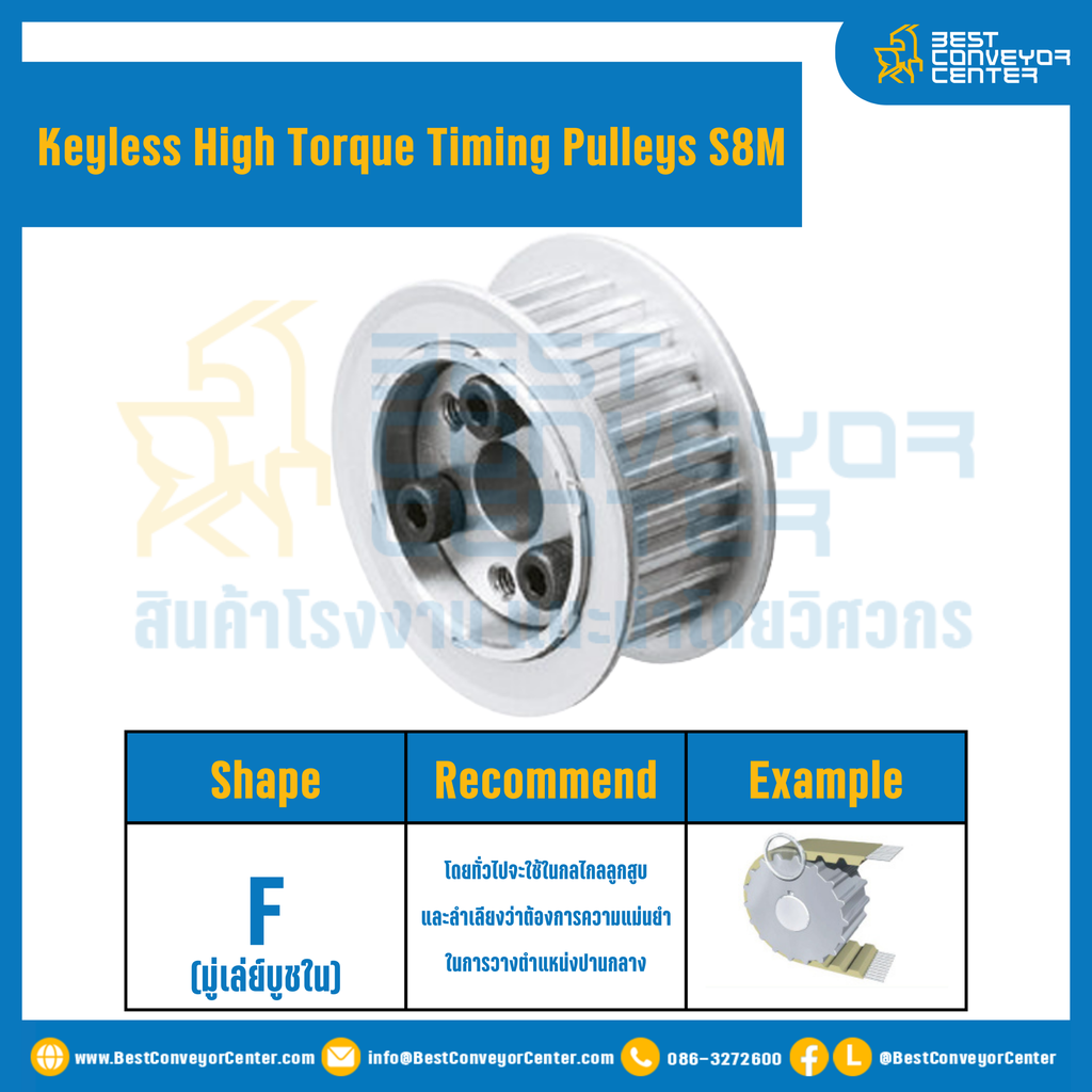 มู่เล่ย์ไทม์มิ่งแรงบิดสูงแบบไม่มีลิ่ม Pulleys Timing Keyless High Torque S8M หน้ากว้าง 15 mm. 19 ฟัน : KHT-S8M-15-19TFAL