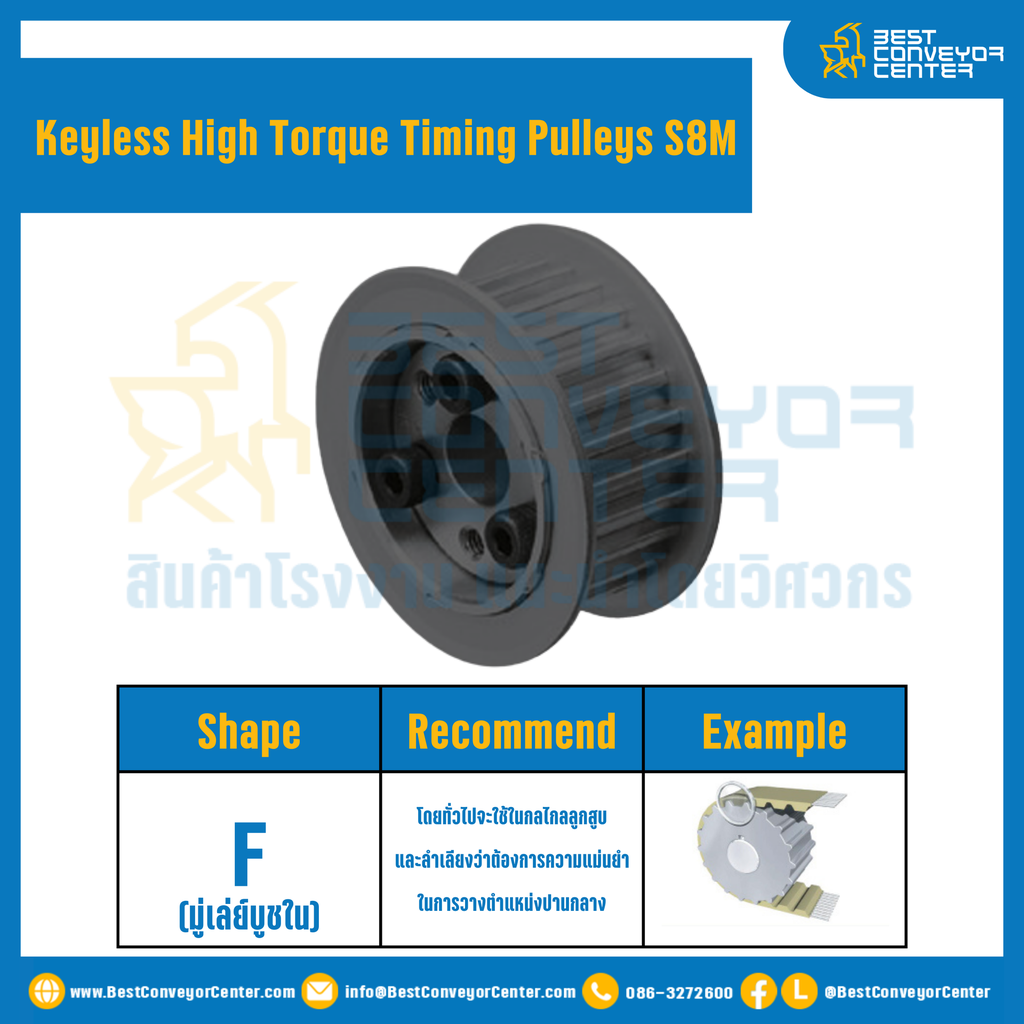 มู่เล่ย์ไทม์มิ่งแรงบิดสูงแบบไม่มีลิ่ม Pulleys Timing Keyless High Torque S8M หน้ากว้าง 30 mm. 18 ฟัน : KHT-S8M-30-18TFS