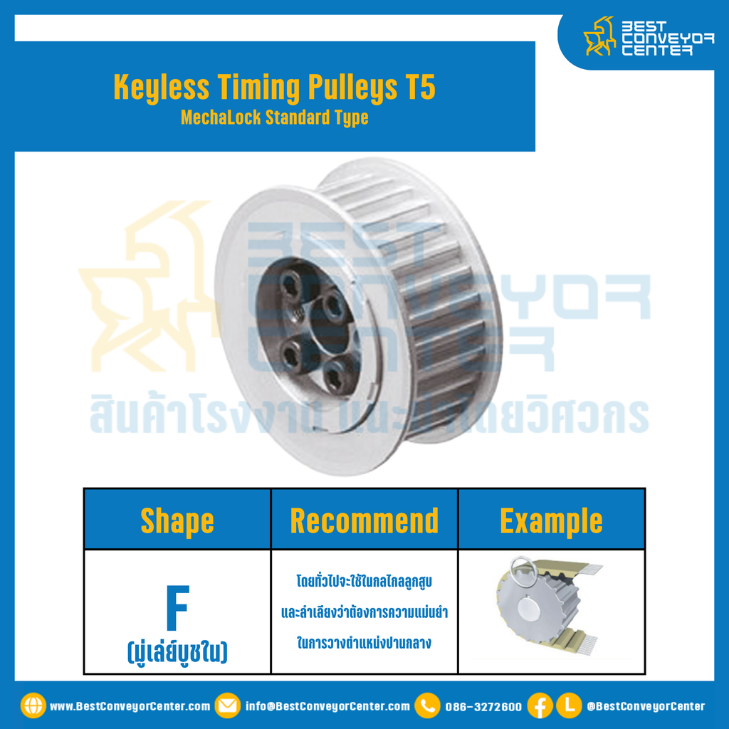 มู่เล่ย์ไทม์มิ่งแบบไม่มีลิ่ม Keyless Pulleys Timing T5 หน้ากว้าง 20 mm. 34 ฟัน : KTPM-T5-20-34TFAL
