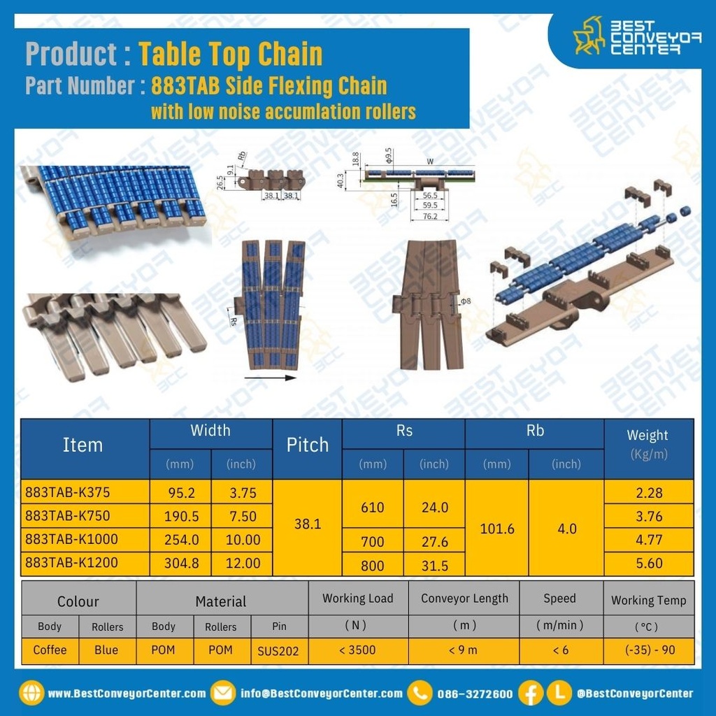 โซ่พลาสติกทางโค้ง Table Top Chain LF880TAB ; 7.5 นิ้ว. : LF880 750TAB (สำเนา)