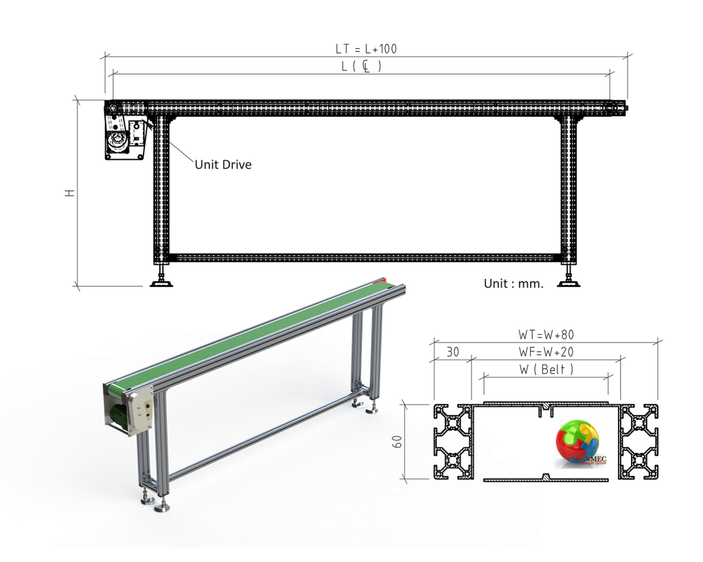 MiiB600L5700H800 : สายพานลำเลียงอลูมิเนียม 30x60 mm. หน้ากว้าง 600 mm.ยาว 5.7 m. สายพาน PVC Green