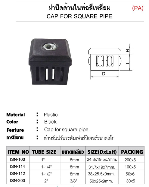 ISN-100B : ฝาปิดท่อเหลี่ยม 1" พร้อมหัวน๊อต M8