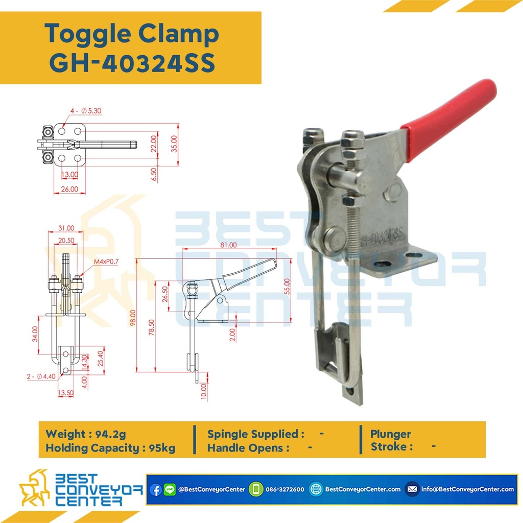 GH-40324-SS ; Toggle Clamp แบบดึง GH-40324, เข้ามุม 90 องศา.SUS 304 Tumbled Finish