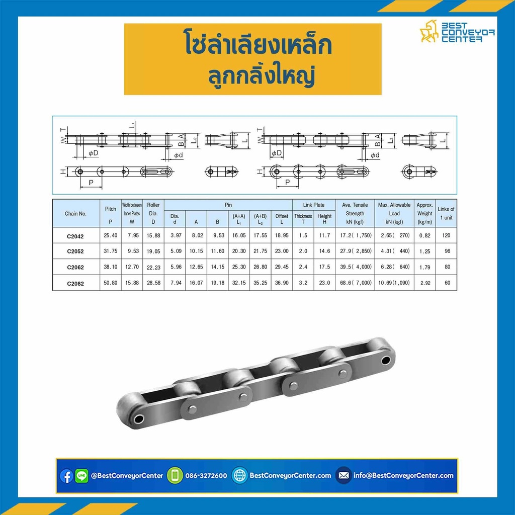 C2052 ; โซ่ลำเลียง Conveyor Chain ลูกกลิ้งใหญ่ No.2052