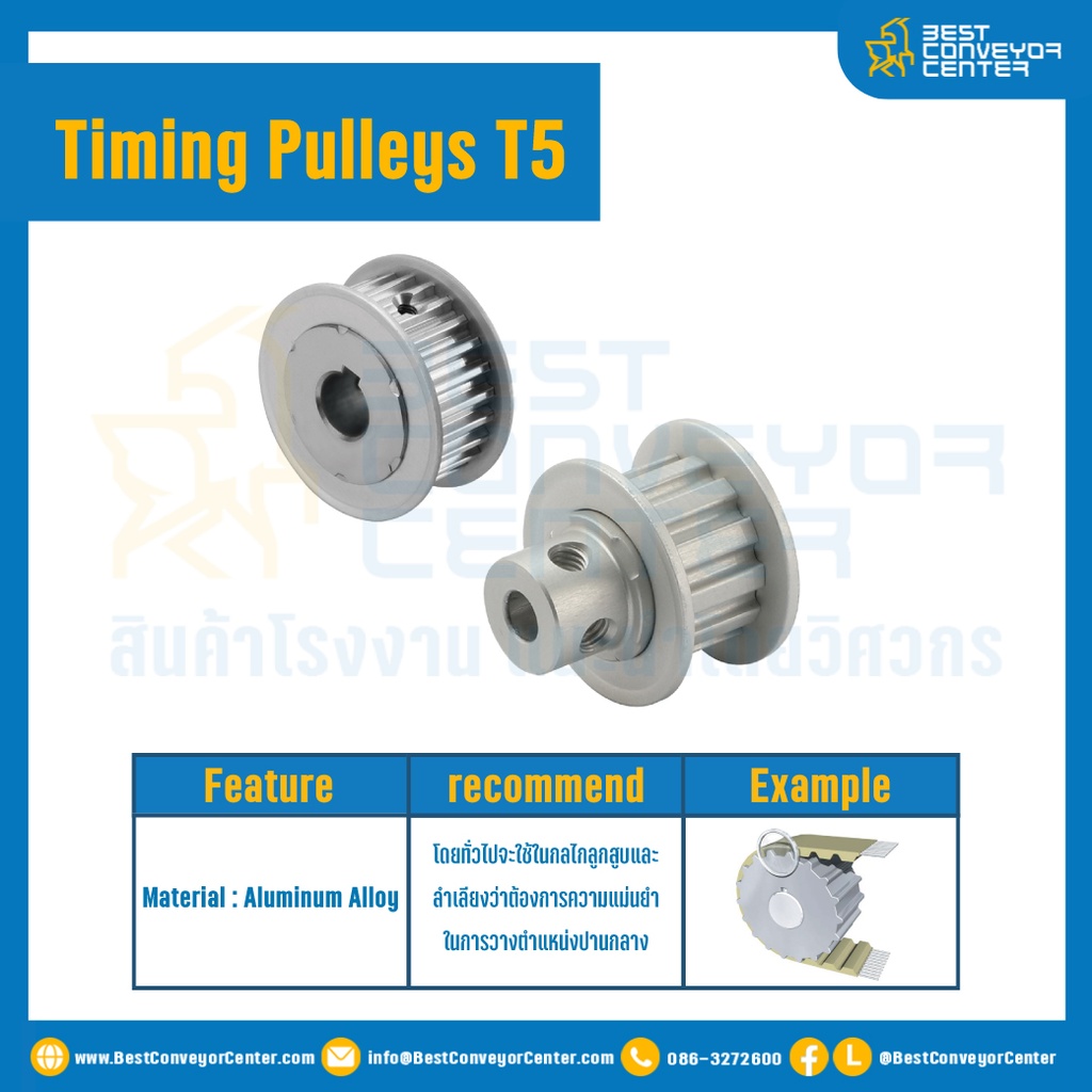 มู่เล่ย์ไทม์มิ่ง Pulley Timing T5 มีดุม หน้ากว้าง 10 mm. 14 ฟัน (Keyway) : Pulley Timing T5-10-14TB-N