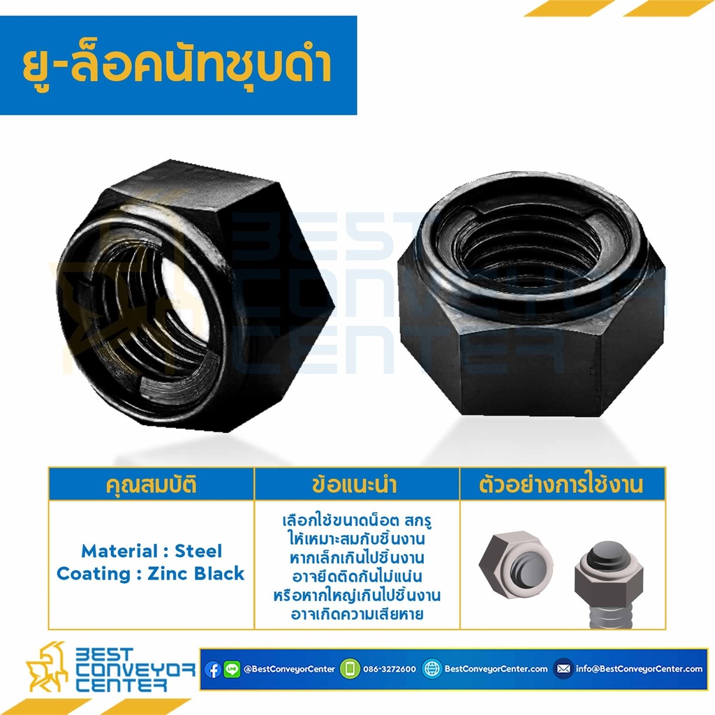 UNL-M10-BK : ยู-ล็อคนัทชุบดำ ขนาด M10x 1.5 ขอบ 17 หนา 6.5 mm.