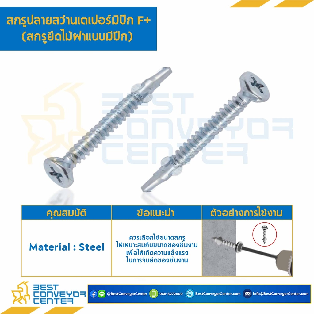 สกรูปลายสว่านเตเปอร์มีปีก F+ ชุบขาว ขนาด #7-19×1″ mm. (25 mm.) : HSWC#7-19L25.4S-25