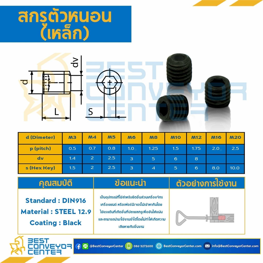 สกรูตัวหนอน M10x60 mm. (Black) : HSS-M10L60B