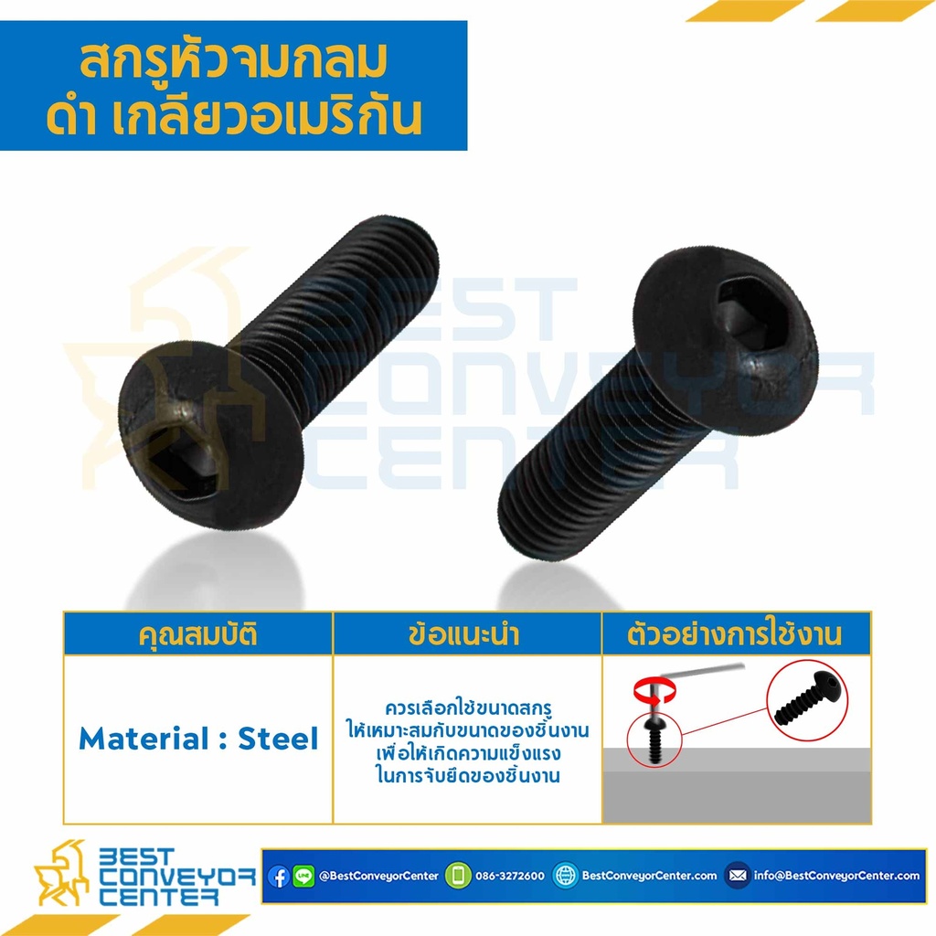 สกรูหัวจมกลมดำ เกลียวอเมริกัน ขนาด #8×5/8 mm. เกลียว 32 UNC : HSB-A#8L5/8B-UNC